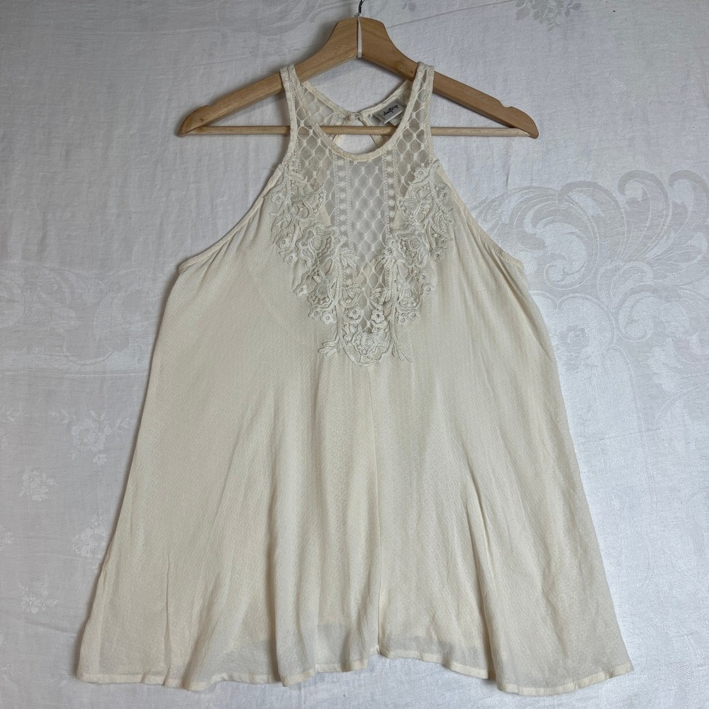 Womens Lace Tank Top Small Cream Halter Crochet Boho Flowy Festival Summer